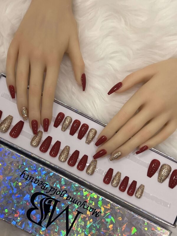 maroon coffin medium with full diamond glitter nails