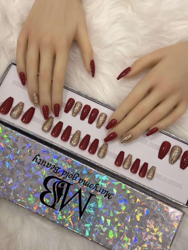 maroon coffin medium with full diamond glitter nails