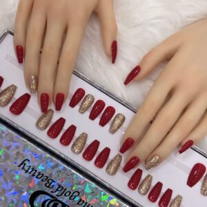 red coffin medium with full diamond glitter nails
