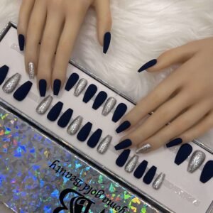 dark blue matt coffin with silver diamond nails