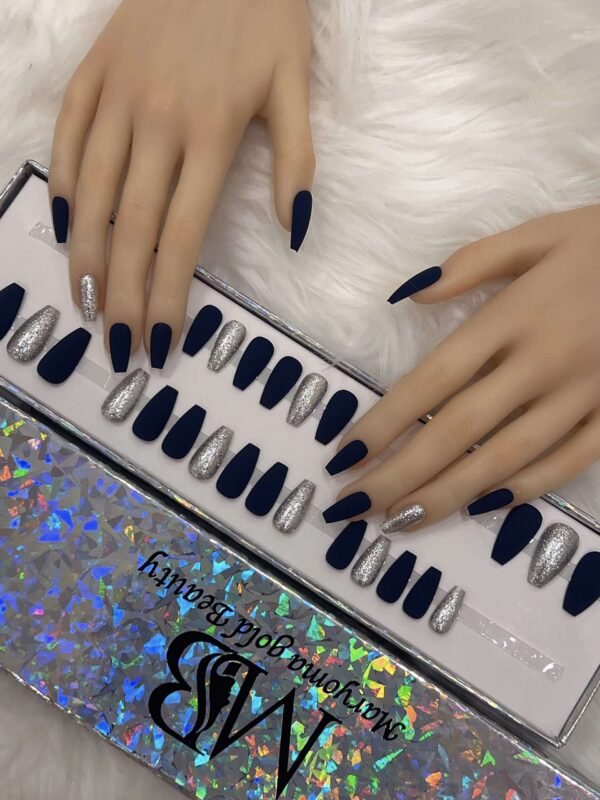dark blue matt coffin with silver diamond nails