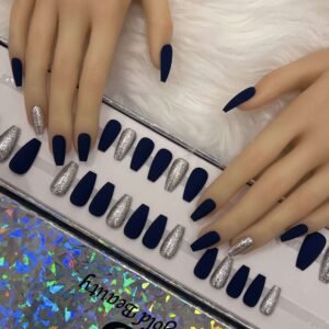 dark blue matt coffin with silver diamond nails