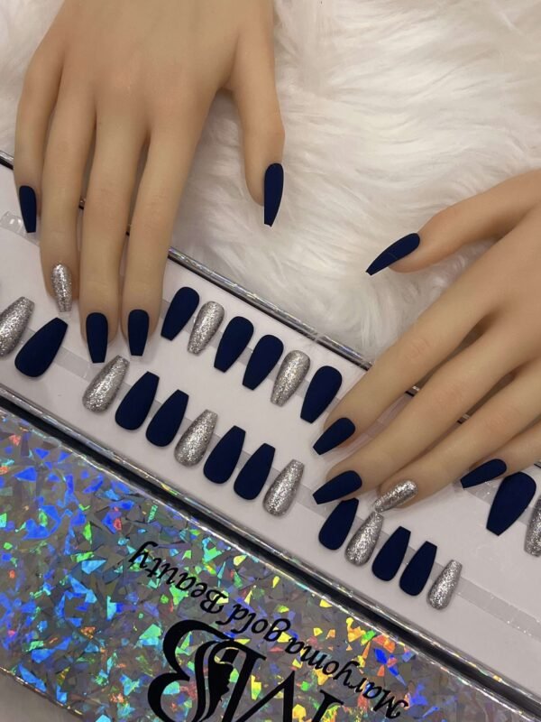 dark blue matt coffin with silver diamond nails