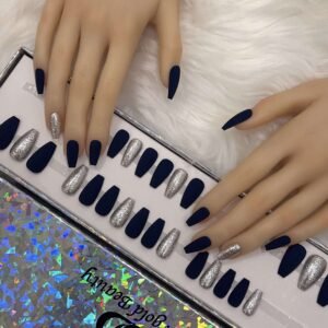 dark blue matt coffin with silver diamond nails