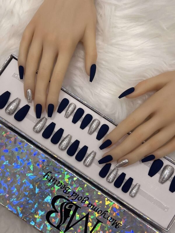 dark blue matt coffin with silver diamond nails