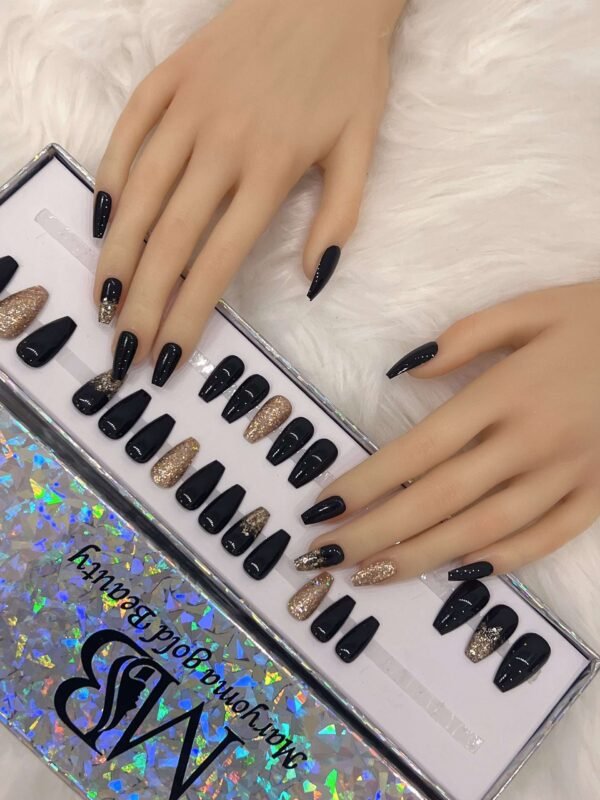 black medium coffin with diamond gold glitter , ombre gold