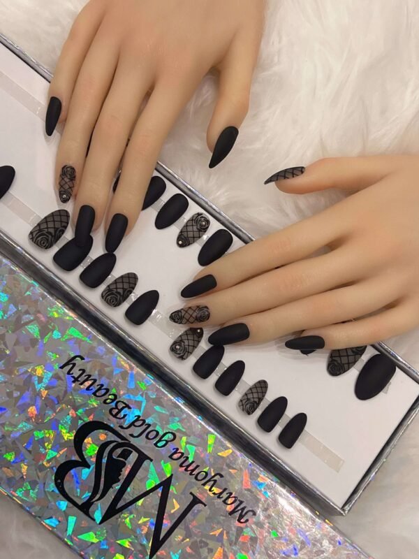 black matt sharp with leaves nail art