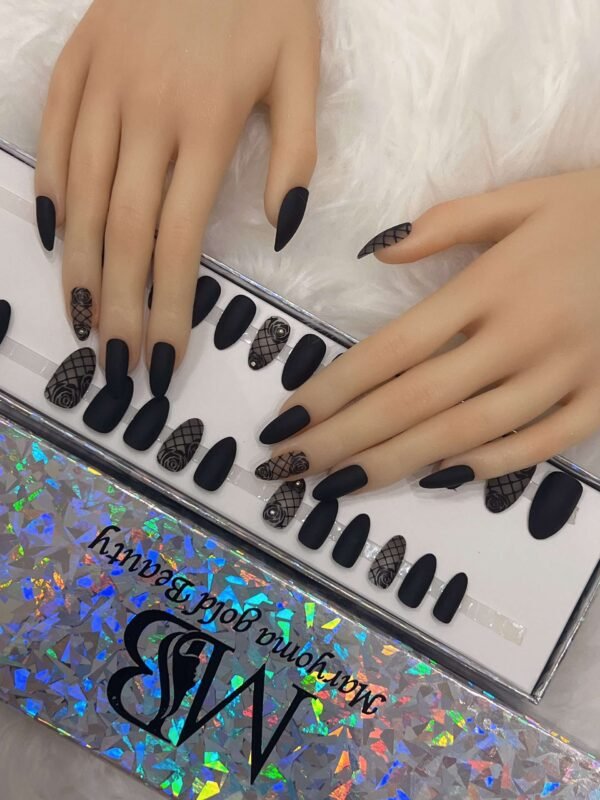 black matt sharp with leaves nail art