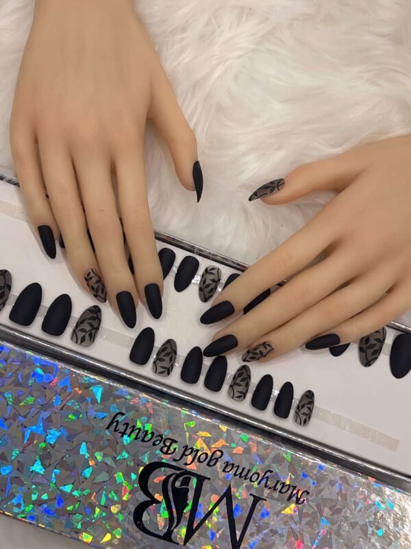 black matt sharp with leaves nail art