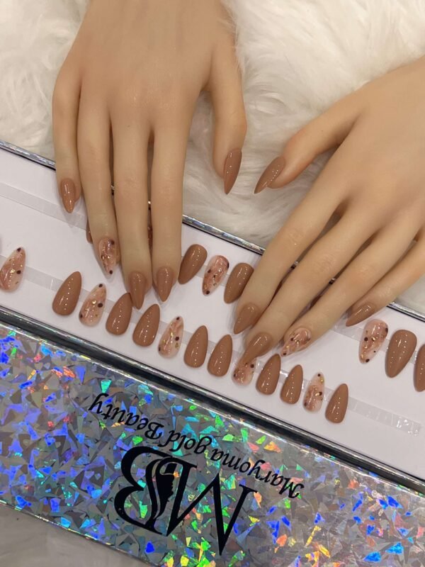 medium sharp brown nude with marble nail art