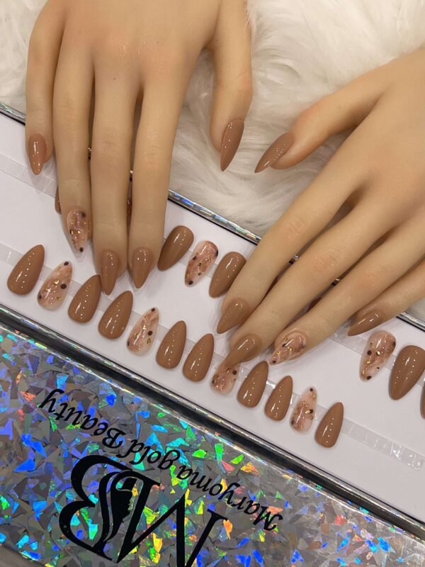 medium sharp brown nude with marble nail art