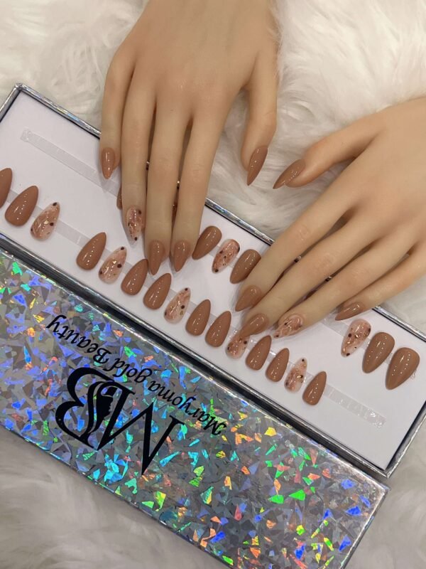 medium sharp brown nude with marble nail art