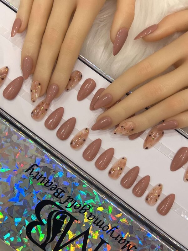 medium sharp brown nude with marble nail art