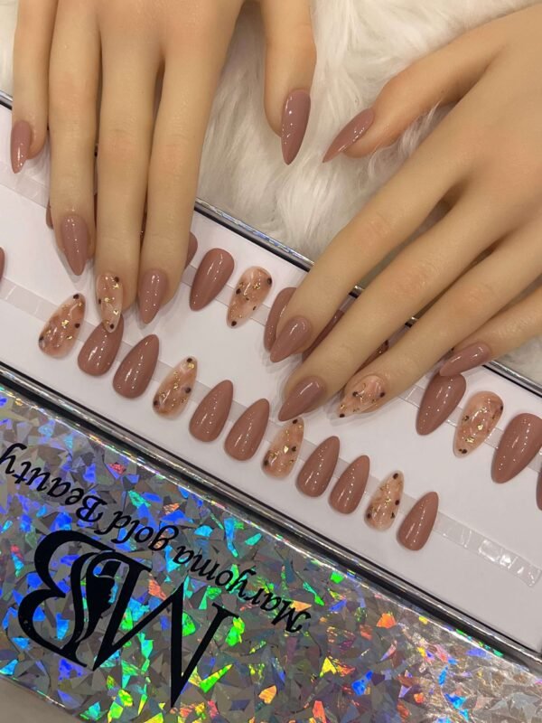 medium sharp brown nude with marble nail art