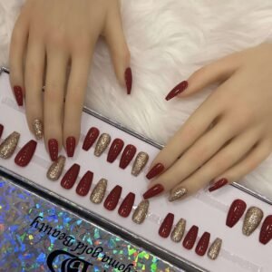 maroon coffin medium with full diamond glitter nails