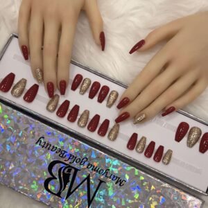 maroon coffin medium with full diamond glitter nails