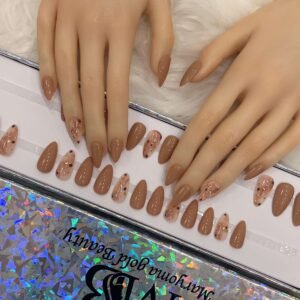 medium sharp brown nude with marble nail art