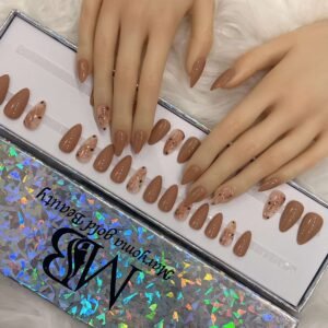 medium sharp brown nude with marble nail art