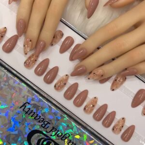 medium sharp brown nude with marble nail art
