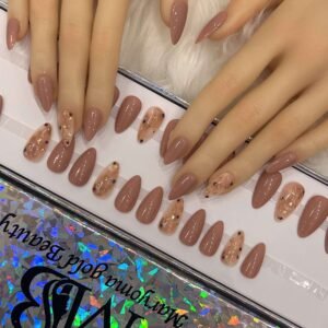 medium sharp brown nude with marble nail art
