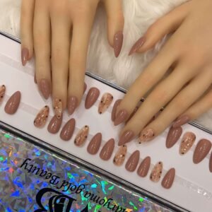medium sharp brown nude with marble nail art