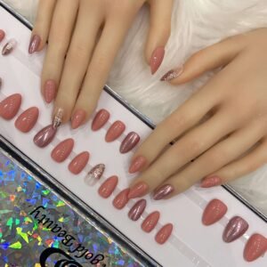 pink nude short sharp with pink holographic and ombre
